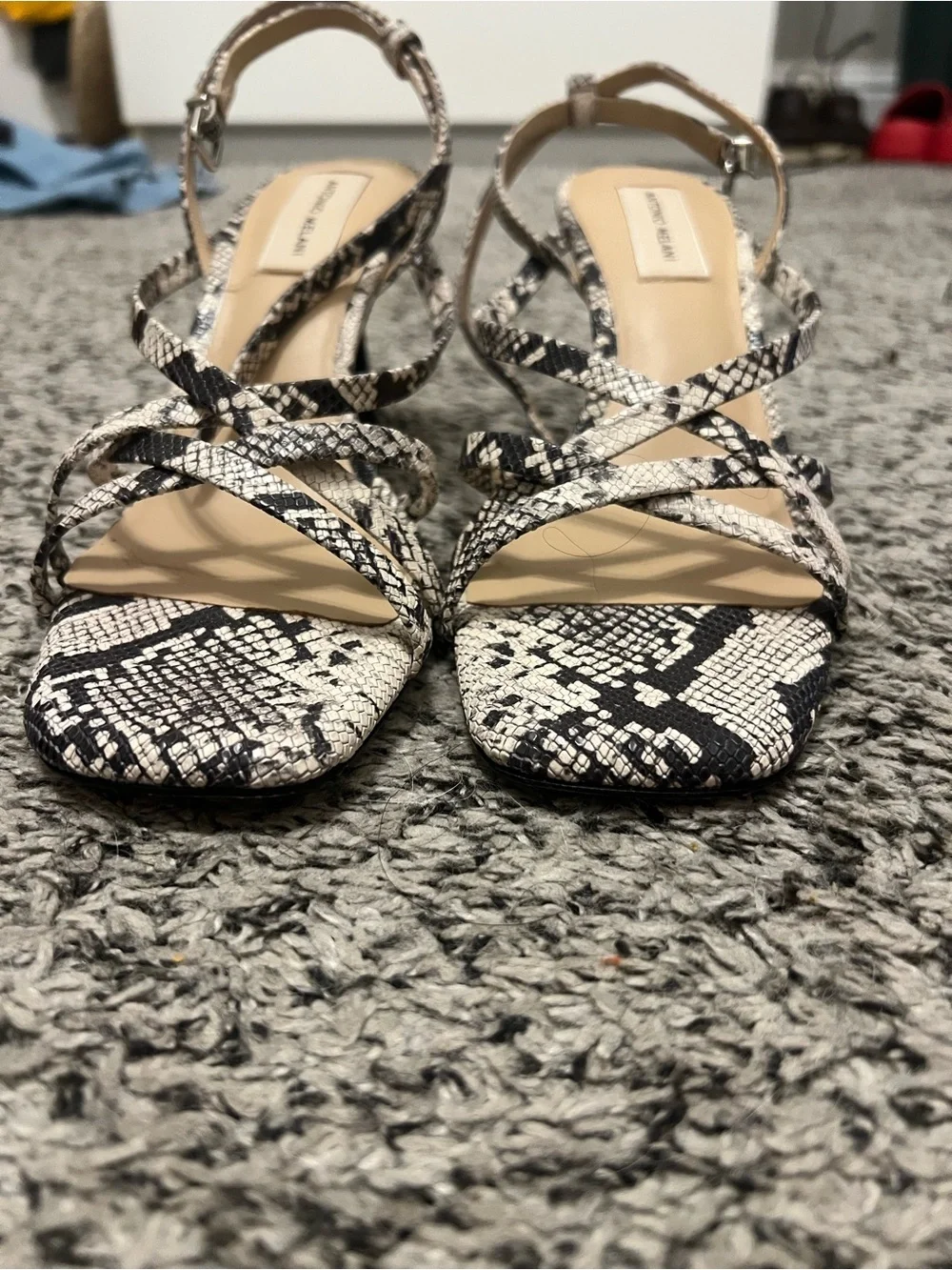 Antonio Melani Nicolyn Black & White Snake-Print Strappy Heels